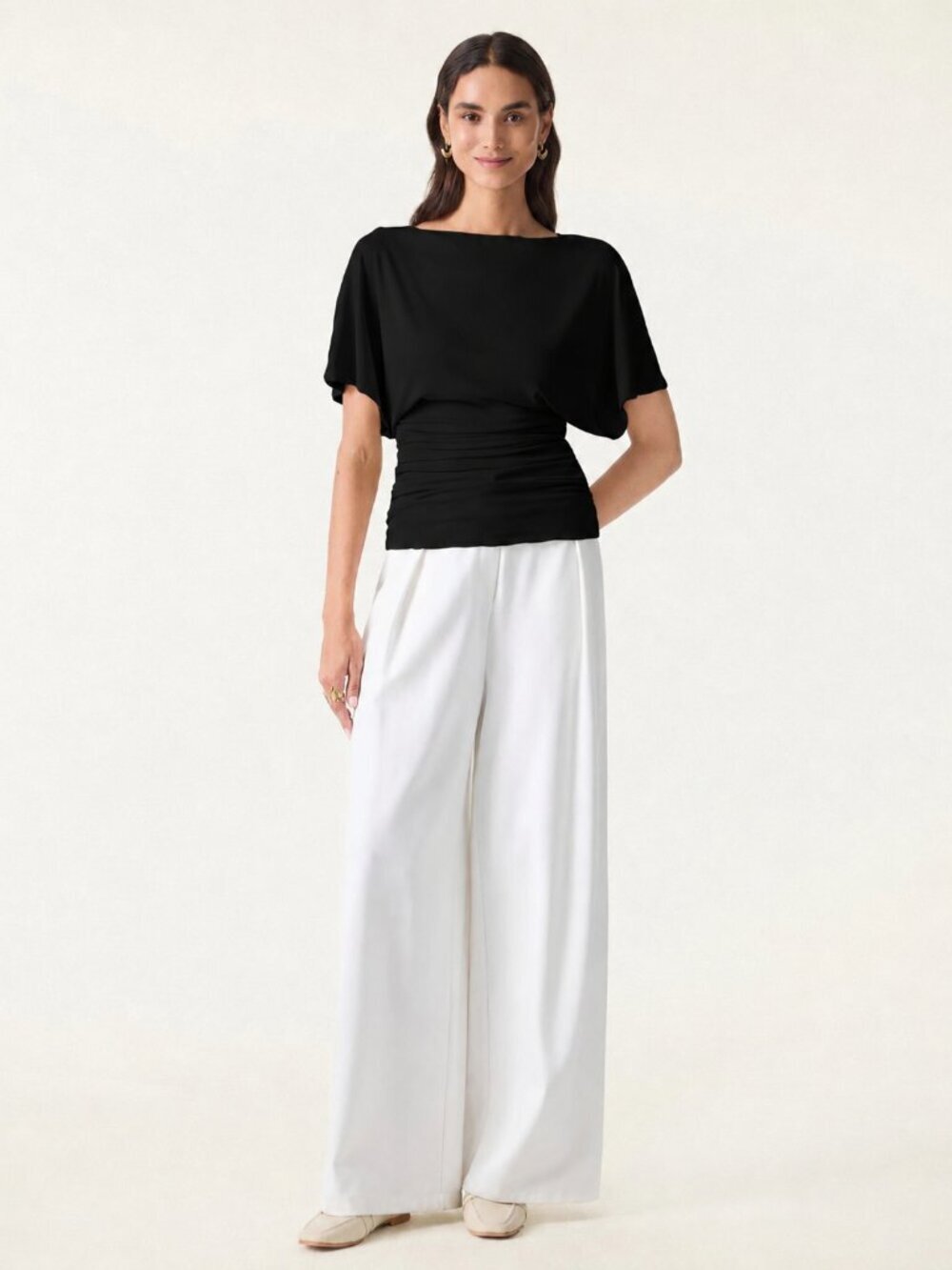 NWT OGL Top Sandwashed Effortless Boatneck Batwing Sleeve Ruched Black XL